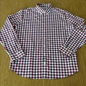 Express Men’s Fitted Wine, White & Blue Plaid Dress Shirt, Sz XL  17-17.5”